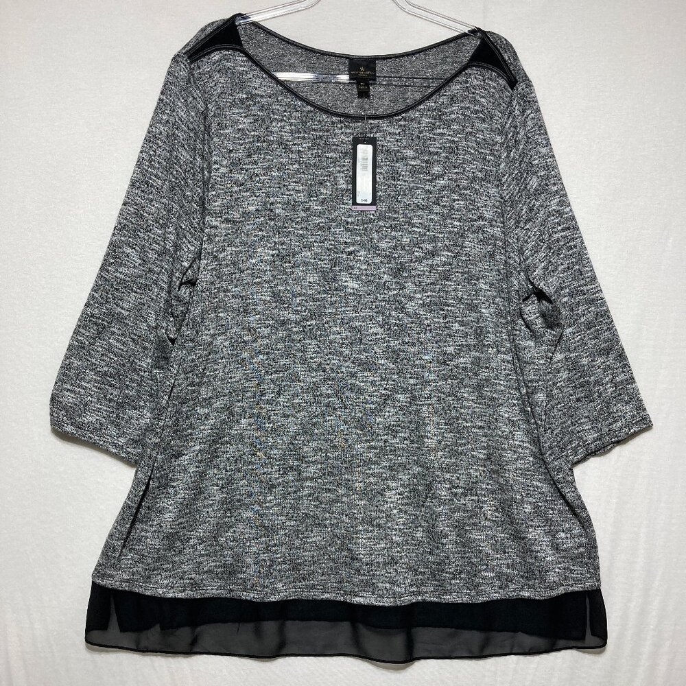 New Worthington Top size 2X Gray Black Space-dye 3/4 Sleeve Stretch Knit